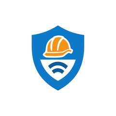 Fototapeta premium Safety Logo Design: Blue Shield Icon & Construction Helmet for Wireless Workplace Safety in Construction Industry