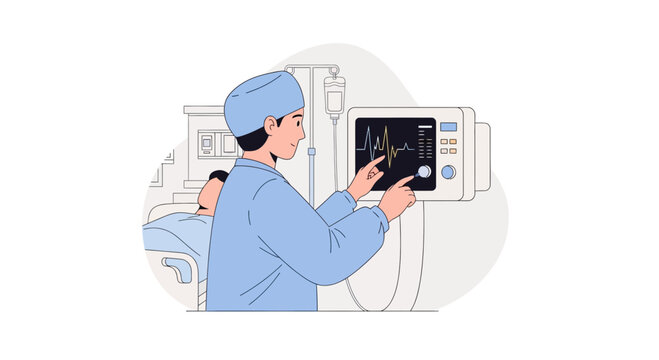 Medical Professional Monitors Patient ECG on Monitor in Hospital
