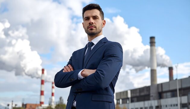 Hombre de negocios con brazos cruzados frente a una planta industrial con chimeneas y cielo nublado