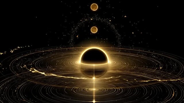 Celestial body eclipsing light with radiating golden energy rings against black void