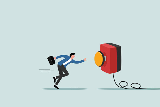 Press the button to call for emergency help or launch a rocket, start a new business, startup concept, cautious entrepreneurs rush to press the emergency button.