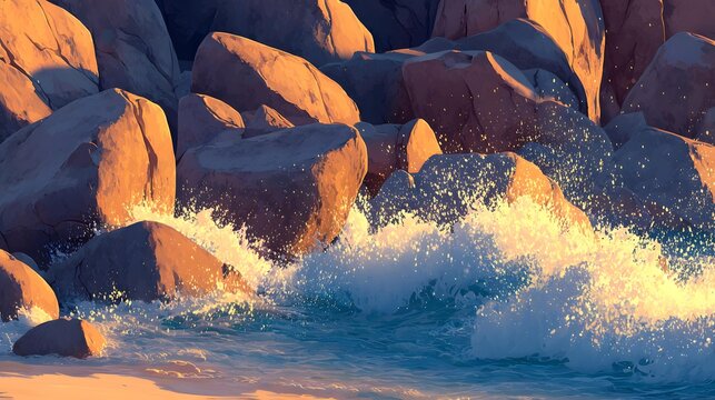 with crashing waves and golden sunset light, realistic detail, dynamic motion