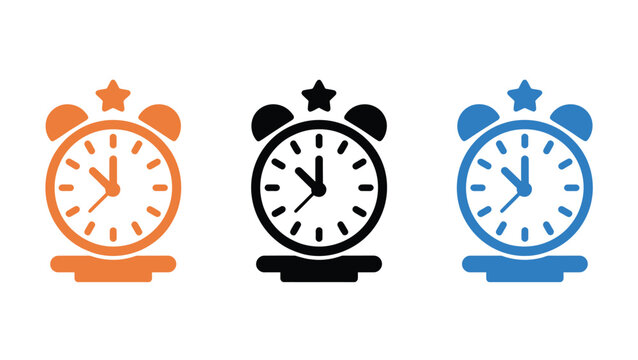 Flat clock face icon set featuring sun, moon, and star symbols for time, day cycle, night cycle, and scheduling concepts.