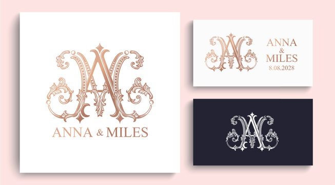 AM MA monogram logo in a sophisticated ornamental style. Luxury wedding initials for stationery, invitations and personalized wedding branding.