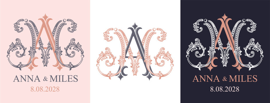 AM MA monogram logo in a sophisticated ornamental style. Luxury wedding initials for stationery, invitations and personalized wedding branding.