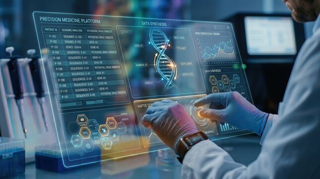 Precision medicine platform with DNA helix analysis, genomic sequencing data synthesis, gene expression trends, scientist working on advanced laboratory touchscreen interface.