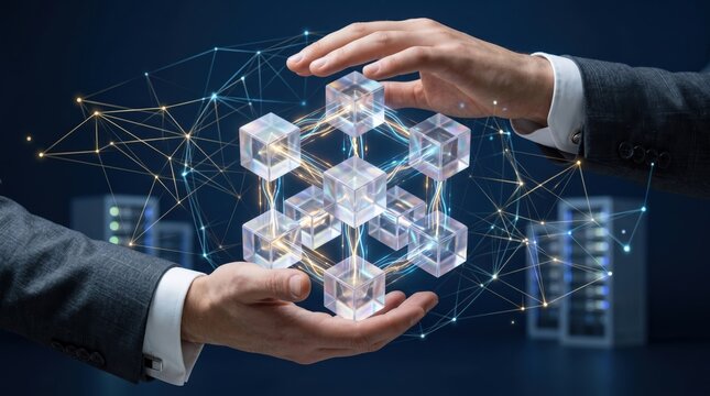 Futuristic blockchain network with connected transparent cubes, digital data exchange concept, secure distributed ledger technology, business hands holding virtual crypto assets