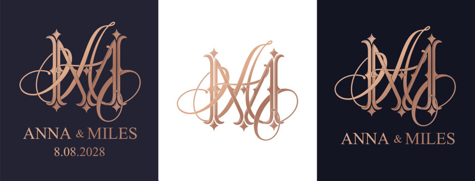 AM MA wedding crest monogram featuring intertwined decorative letters. Elegant logo design for weddings, invitations and event branding.
