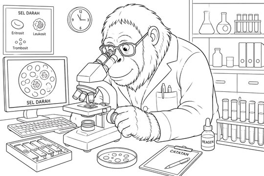 A smiling monkey in a lab coat examines a slide under a microscope in a laboratory.