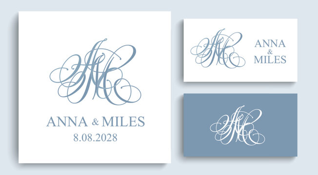 AM MA wedding monogram logo featuring elegant intertwined initials. Luxury design for invitations, stationery and romantic wedding branding.