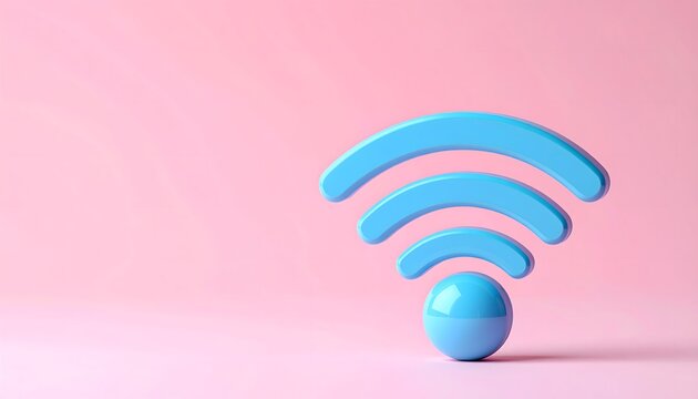 Icono de conexi&oacute;n wifi azul sobre fondo rosa en composici&oacute;n minimalista con estilo moderno y espacio limpio