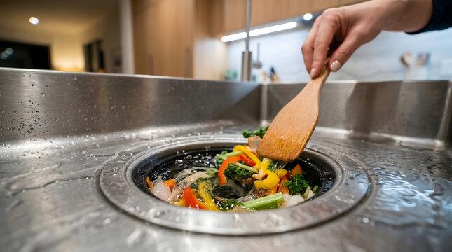 Close-up of a person using a wooden spatula to push colorful vegetable food scraps into a modern kitchen sink garbage disposal unit.