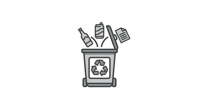 Recycling bin with waste items and recycle symbol.