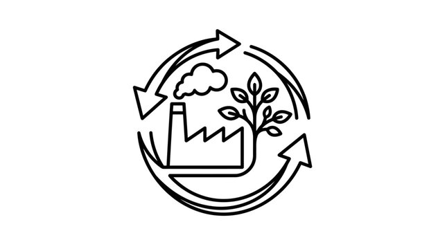 Green factory icon with recycling arrows and tree.