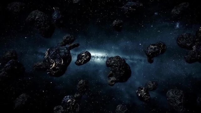 Flying through a dense asteroid field in deep space. Traveling past cosmic rocks, meteorites and stones with a bright galaxy and stars in the background.