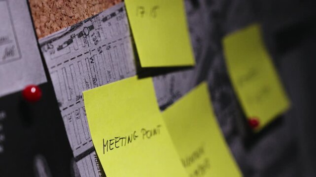 A detective places a handwritten "meeting point" note onto an evidence board, suggesting covert operations, suspect surveillance, and the unfolding of a complex investigation.