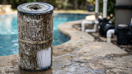 Naklejka premium Dirty swimming pool filter cartridge needing replacement placed on stone edge near backyard pool. Highlighting filtration maintenance cleaning service and neglected home water care
