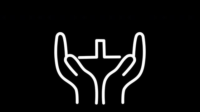 Minimal line animation showing a pair of hands appearing to protect a house outline. Ideal for real estate marketing, home insurance branding, and property investment ads.