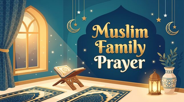 Muslim family prayer room with quran on a wooden stand, prayer rugs, lantern, and decorative vase in a peaceful interior