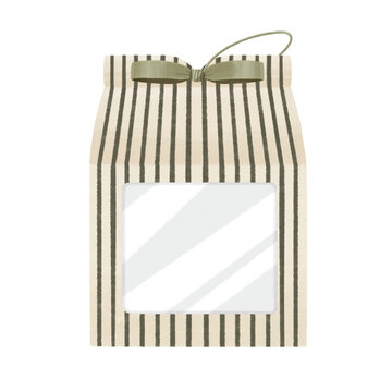 Watercolor striped paper bag bakery packaging illustration isolated on white background