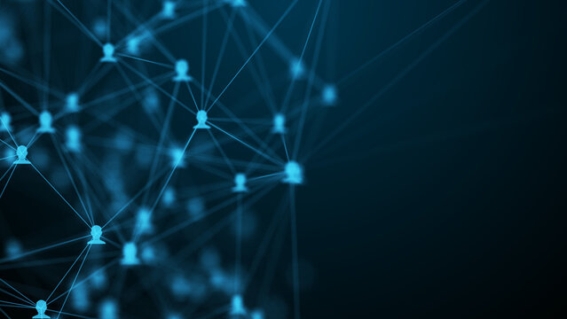 Futuristic blue people network, cyber social media connection user nodes with right copy space for corporate presentation.