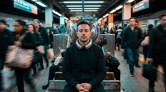 Man meditating in a busy subway station with noise canceling neck device representing calm and mindfulness amidst urban city chaos