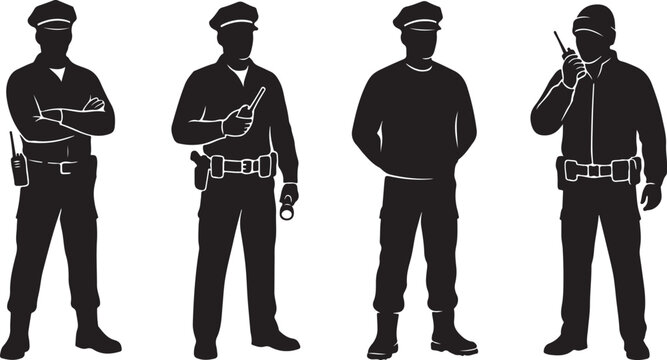 four security guard silhouettes isolated vector bundle