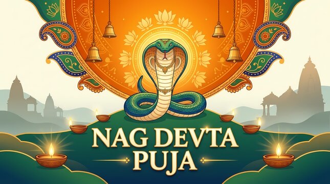 Nag devta puja celebration background with a majestic cobra, traditional lamps, and temple silhouettes