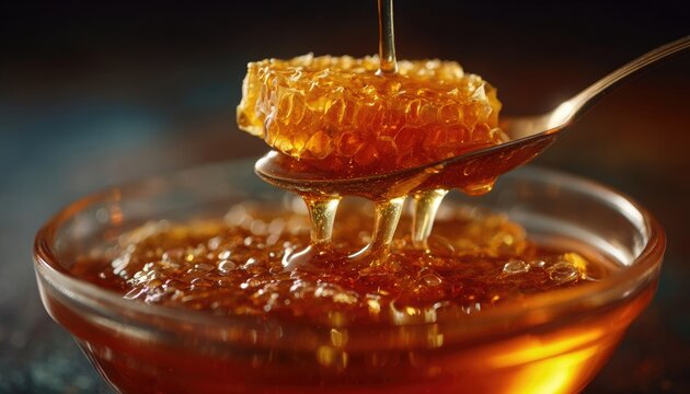 Honey drizzling from spoon into glass bowl with floating honeycomb, slow motion effect, golden viscous liquid, gourmet ingredient