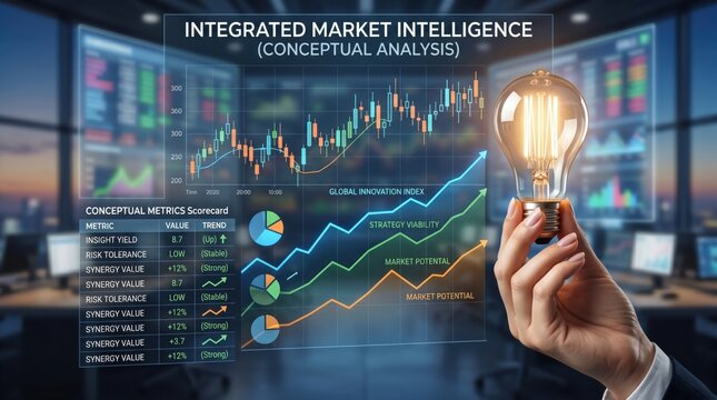 Integrated market intelligence conceptual analysis with growth charts and light bulb, business strategy and innovation metrics display
