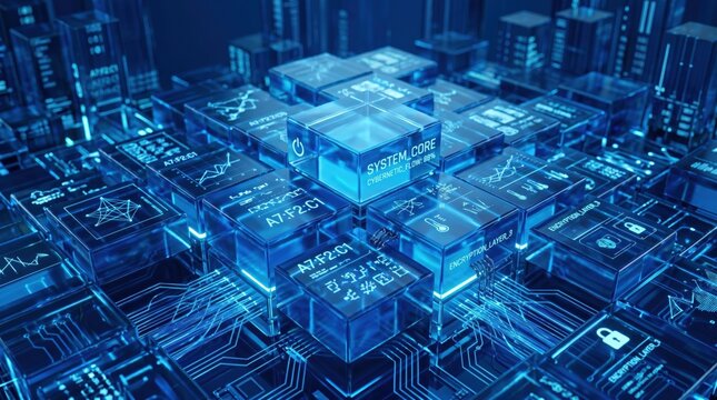 Futuristic cybernetic system core with glowing blue data blocks, encryption layers and digital circuit board background for cybersecurity concept.