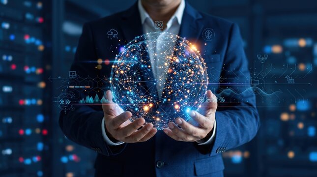 Business professional holding a glowing sphere of connected data points representing global networking and information technology