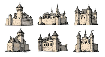 Obraz premium Hand drawn collection of various medieval castle architectures with towers, walls, and gates in a vintage engraved sketching style.