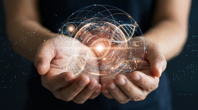 Human hands holding a glowing abstract sphere with complex digital lines and orbits, symbolizing global communication, big data protection