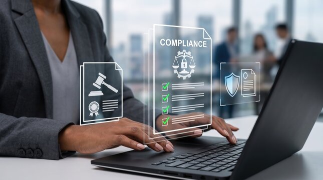 Business professional working on laptop with holographic compliance documents, legal contracts, and security shields, illustrating corporate governance, regulatory adherence