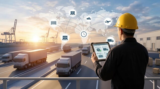 Logistics manager overseeing global supply chain operations with digital interface and cargo trucks at sunset port terminal warehouse facility.