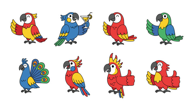 Set of colorful cartoon parrot characters in various poses including waving, giving a thumbs up, and holding a cocktail for tropical themes.