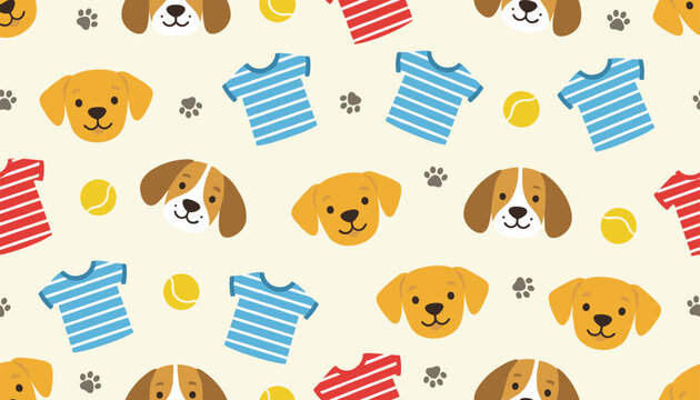 Dog heads and striped shirts seamless pattern on cream background.