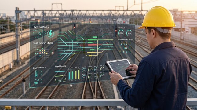 Railway engineer using tablet computer to monitor train tracks and power grid status, augmented reality interface display, industrial infrastructure maintenance