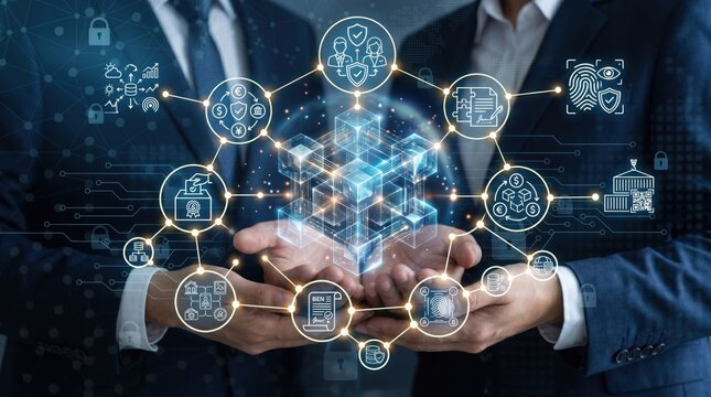 Businessmen holding digital blockchain network, secure data connection, cryptocurrency trading, financial technology concept, global economy, virtual reality interface