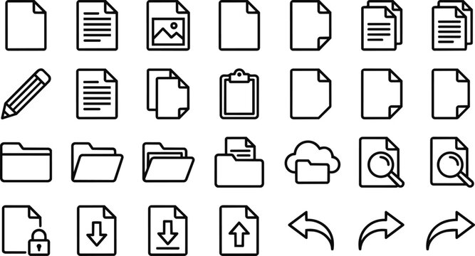 Files and Folders Icons Representing Various Document Types and Actions for Digital Organization and Management