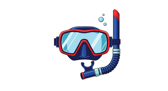 Bright blue and red scuba diving mask with a snorkel and bubbles for summer vacation, snorkeling, and underwater exploration themes.