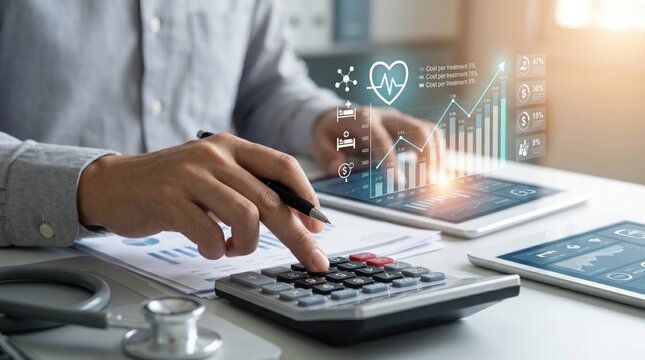 Doctor or medical professional calculating healthcare costs on calculator with tablet showing rising financial graphs and heart health statistics for hospital budget management