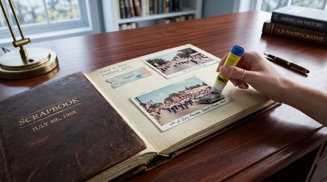 Preserving memories of a 1968 Independence Day parade in a vintage scrapbook