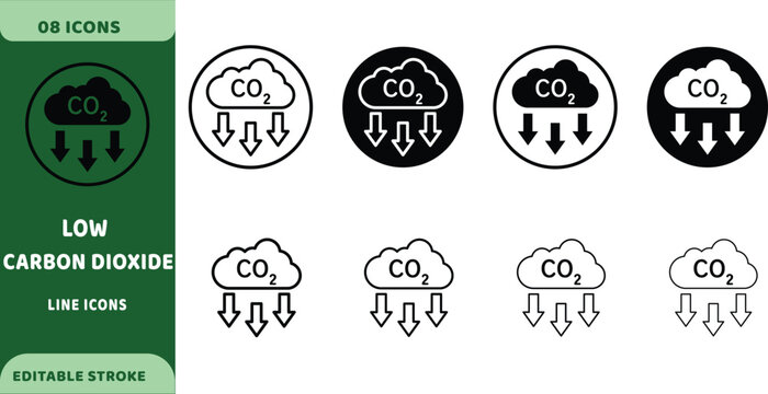 Low carbon dioxide vector icons. Eco emissions reduction signs set. CO2 footprint decrease icon