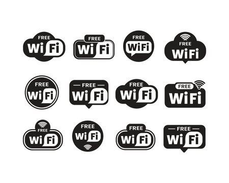 Minimalist black free Wi-Fi badge and wireless internet icon set. Clean vector hotspot signal and speech bubble symbols isolated on white background for public UI layouts.