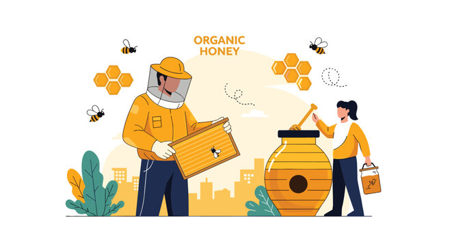 Two professional beekeepers in protective suits harvesting organic honey from honeycomb frames next to a giant honey pot in a city park.
