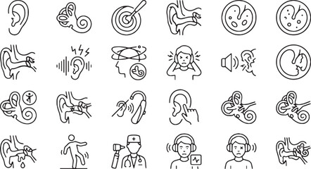 Ear Diseases, Otolaryngology Disorders, and Hearing Loss Vector Line Icons Set (Includes Tinnitus, Vertigo, Ear Wax Removal, Hearing Aid, and Audiology Test Concepts) © Naima