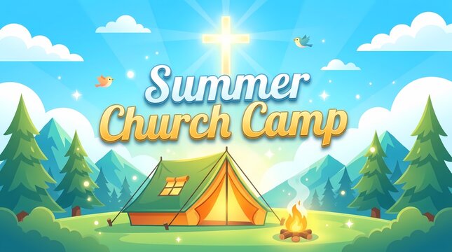 Summer church camp banner with tent, campfire, and glowing cross in the sky