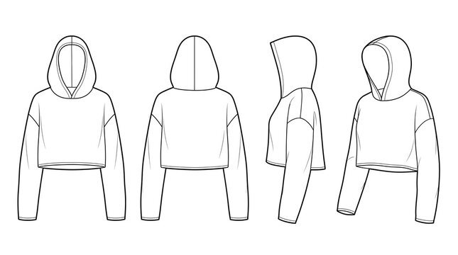 
Technical Apparel Flat Vector &mdash; Cropped Hoodie Front, Back, Side & 3/4 View, Oversized Hood, Dropped Shoulder, High Cropped Hem, Ghost Mannequin Style, Black Outline, Adobe Illustrator Vector